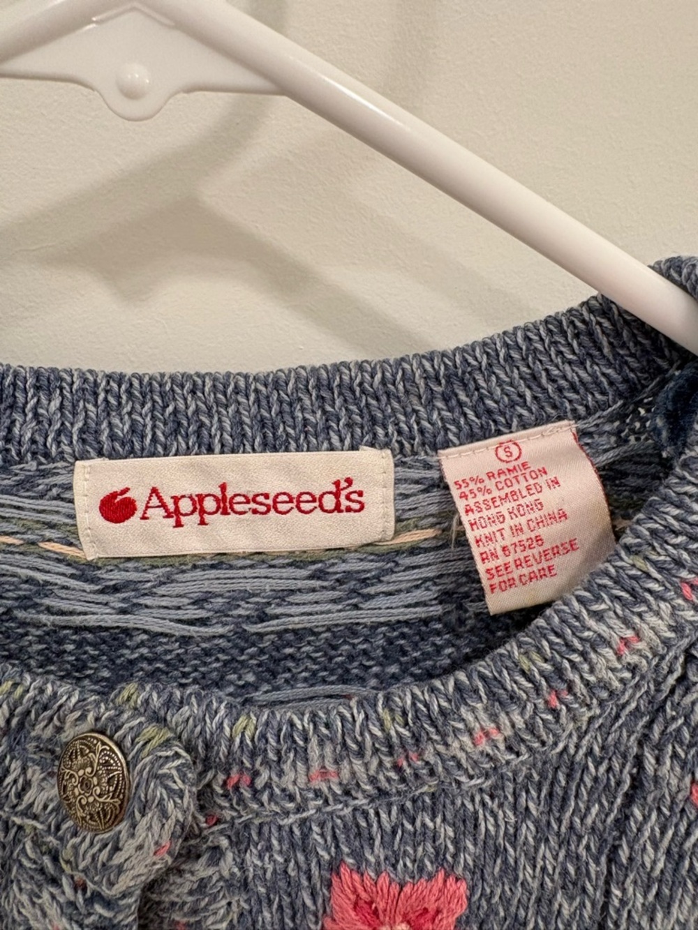 Vintage 90s Appleseed’s Hand Knit Embroidered Cotton Ramie Cardigan Size Small - Picture 2 of 10
